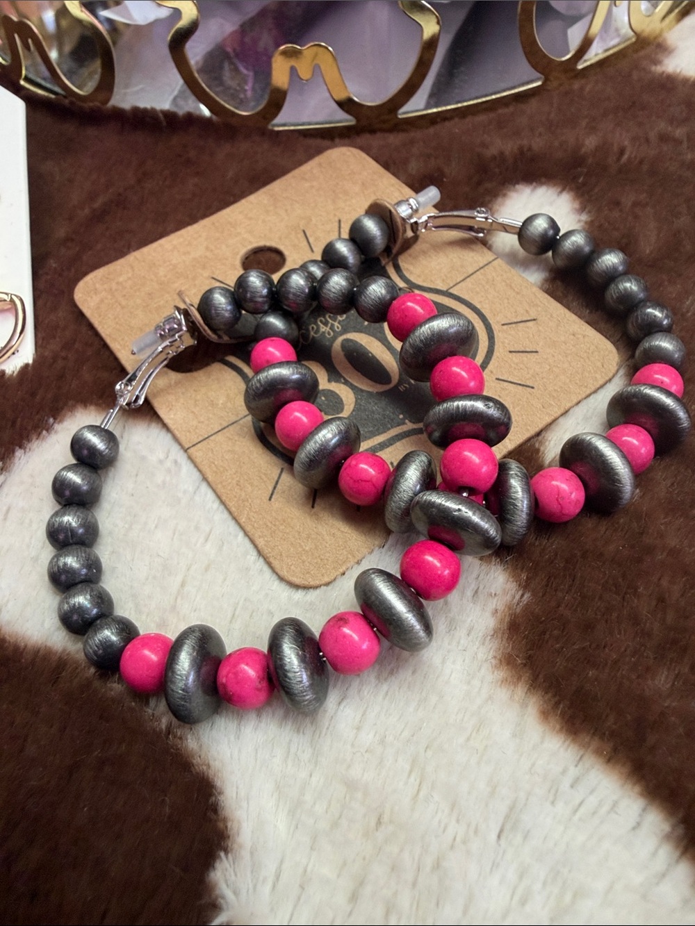 Hoop Beaded Earrings with Pink and Gunmetal Accents